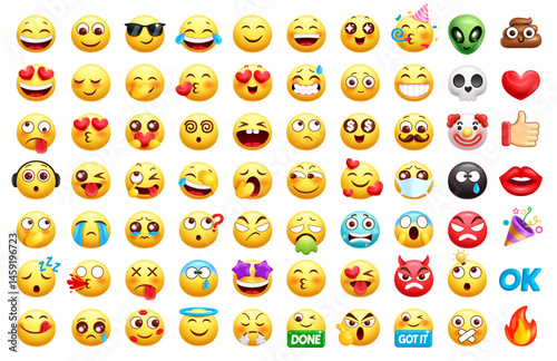Big Set of yellow emoji and emoticon faces on a transparent background. Variety of emotions and expressions, perfect for digital designs. 