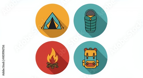 Camping Gear Icons: Tent, Sleeping Bag, Fire, Backpack