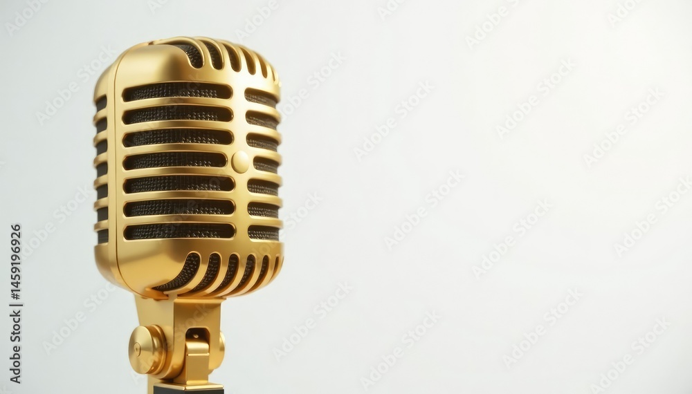 Fototapeta premium Close-up of a gold microphone on white background, isolated on white, studio, retro microphone