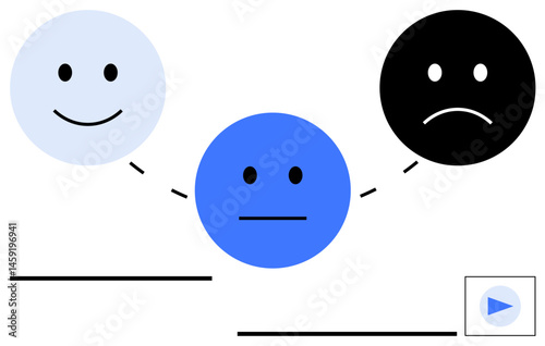Three connected faces symbolize emotional change, ranging from happy, neutral, to sad. Ideal for psychology, feedback, mental health, communication decision-making self-awareness education. Flat