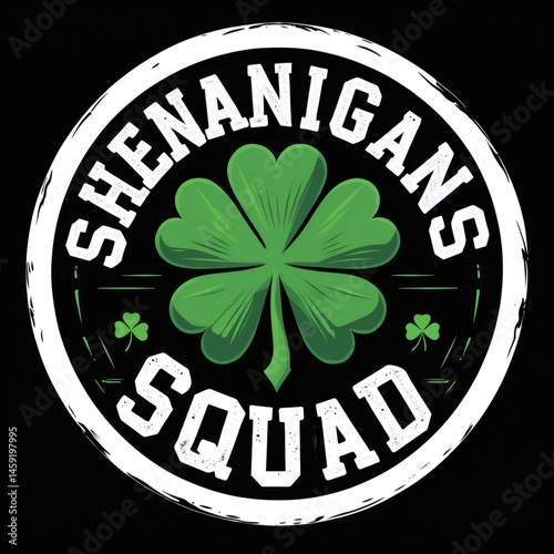 Celebrate camaraderie and luck with the Shenanigans Squad emblem featuring a vibrant green clover