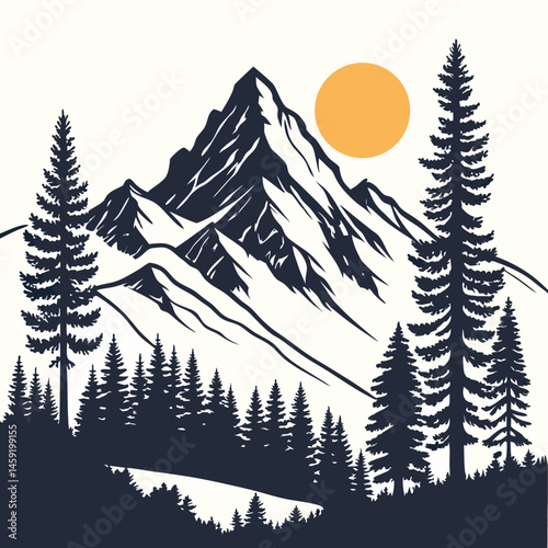 Bold Minimalist Mountain Ridge with Tall Conifers and Rising Sun Vector Art for Adventure Seekers