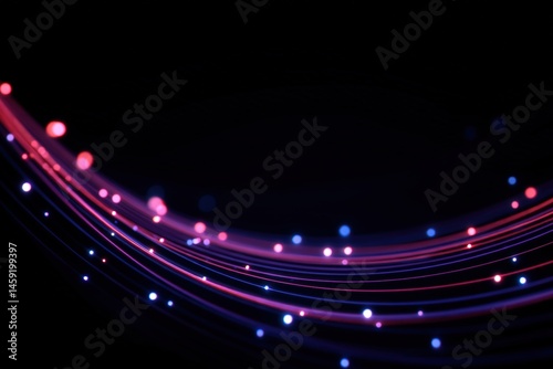 Colorful glowing fiber optic lines and dots curve across a dark background, creating a dynamic, futuristic effect.