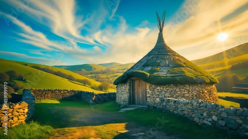 Aerial perspective of a customary stone cottage with a pointed roof.