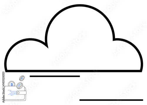 Black outline of a cloud alongside a wallet releasing digital coins, symbolizing cryptography, data storage, online transaction, and innovation. Ideal for technology, finance, blockchain, cloud
