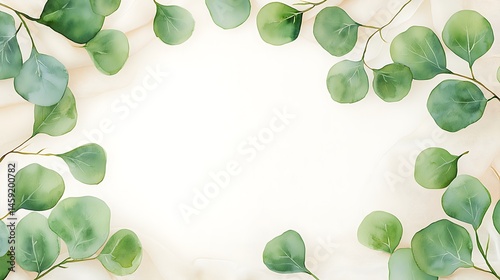 Elegant Eucalyptus Leaves Frame on Beige Fabric Background Wedding Invitation Design Botanical