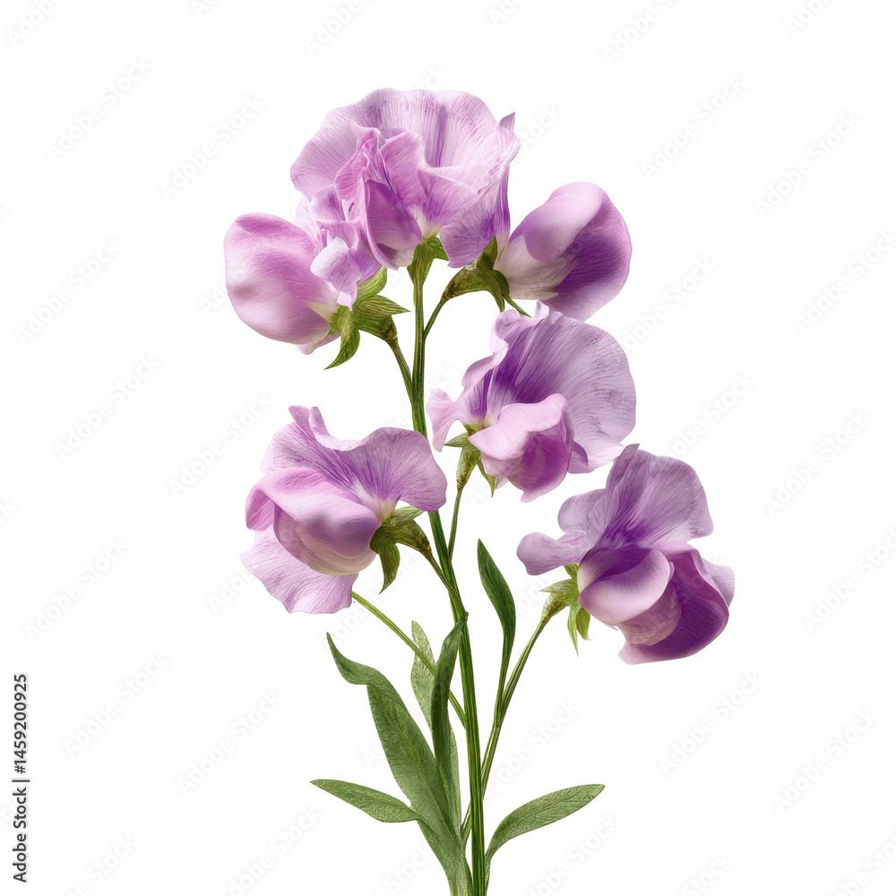 Obraz premium Delicate Lavender Sweet Pea Blossoms on Green Transparent background