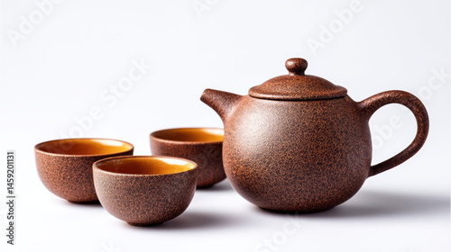 Rustic brown clay teapot with three matching tea bowls arranged on white surface, showcasing traditional ceramic craftsmanship and warm earthy tones
