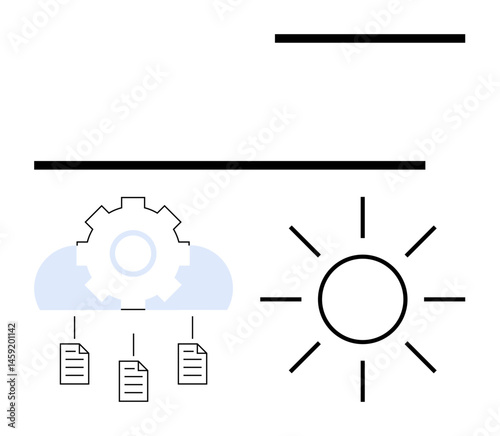 Gear above cloud organizing document flow beside sun radiating light, symbolizing innovation, process efficiency, and clear solutions. Ideal for tech strategy, clarity, automation, success, systems