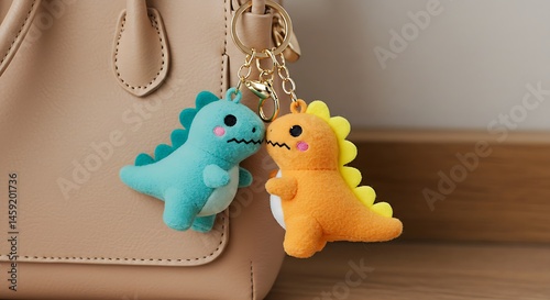Cute dinosaur plush keychain dangling from a handbag