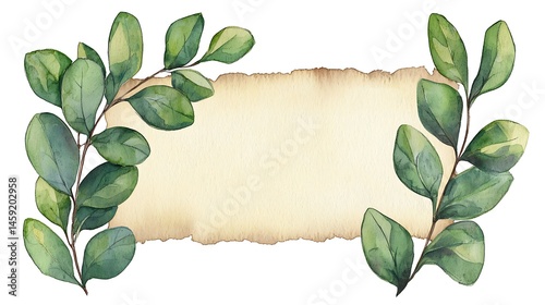 Watercolor Greenery Frame with Vintage Paper Botanical Illustration Wedding Invitation Design