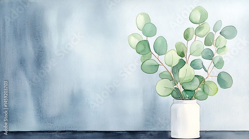 Serene Watercolor Painting of Eucalyptus Branches in a White Vase Against a Blue Background