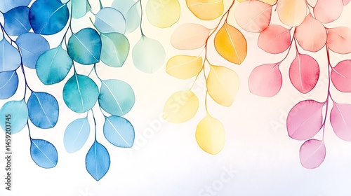 Vibrant Watercolor Eucalyptus Leaves Pastel Blue Yellow Pink Branches