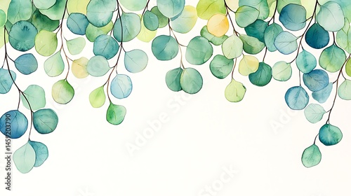Watercolor Eucalyptus Leaves Border Greenery Botanical Illustration Teal Green Spring Summer Design