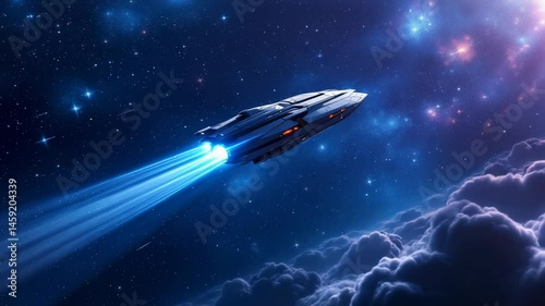 Wallpaper Mural Spaceship cruising through a vibrant nebula, cutting through the cosmos with powerful blue engines Torontodigital.ca