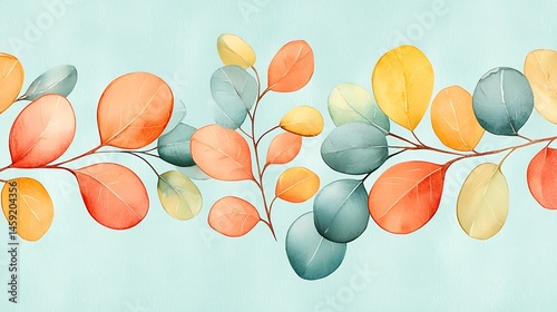 Watercolor Pastel Eucalyptus Leaves Branch Border Autumnal Colors Nature Design Element