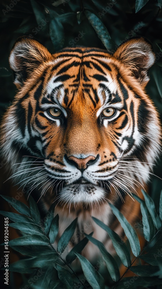 Fototapeta premium Majestic tiger peering from lush foliage, intense gaze