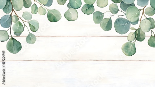 Watercolor Eucalyptus Leaves Border on White Wooden Background Botanical Illustration Greenery Frame