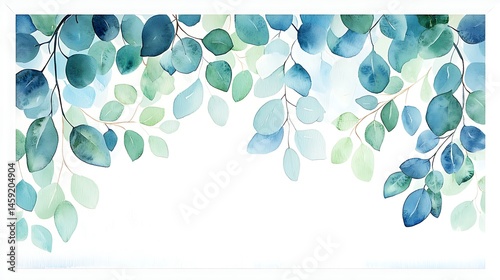 Serene Watercolor Painting of Blue and Green Eucalyptus Leaves on White Background