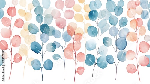 Watercolor Eucalyptus Leaves Seamless Pattern Pastel Pink Blue and Yellow Botanical Illustration