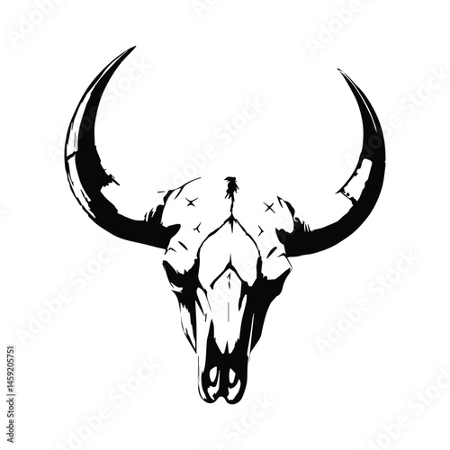 Buffalo head bone isolated on white background. Buffalo head skeleton with long horn isolated