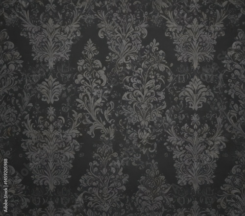 Subtle grey damask on charcoal, refined gothic style, seamless, brocade, scroll