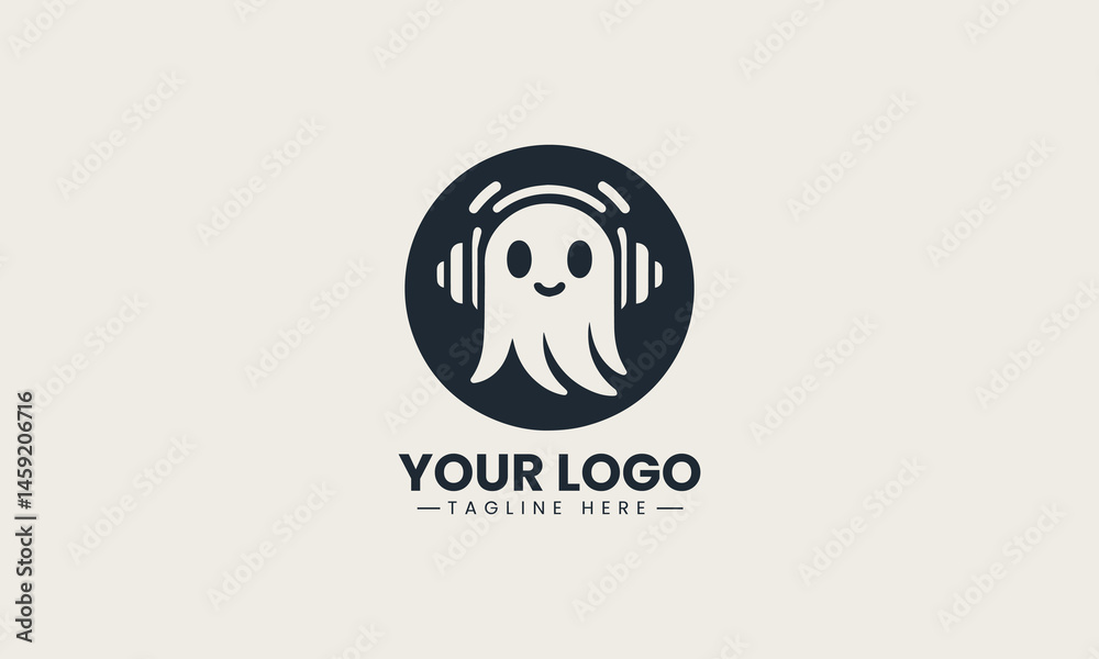 Fototapeta premium Vector logo of simple cartoon ghost with headphones in playful minimalist illustration style