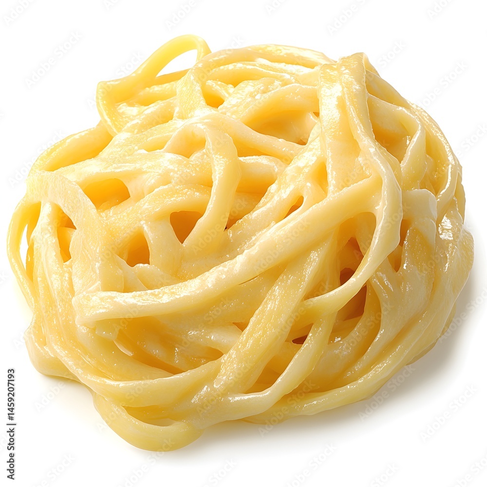 A delicious and creamy serving of fettuccine Alfredo pasta is presented on a white background for food photography. A delicious and creamy serving of fettuccine Alfredo pasta is presented on a white background for food photography.