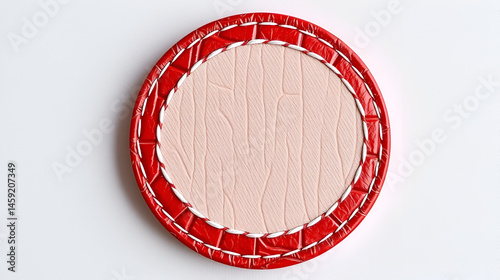 Red and white stitched circle shape on mock croc