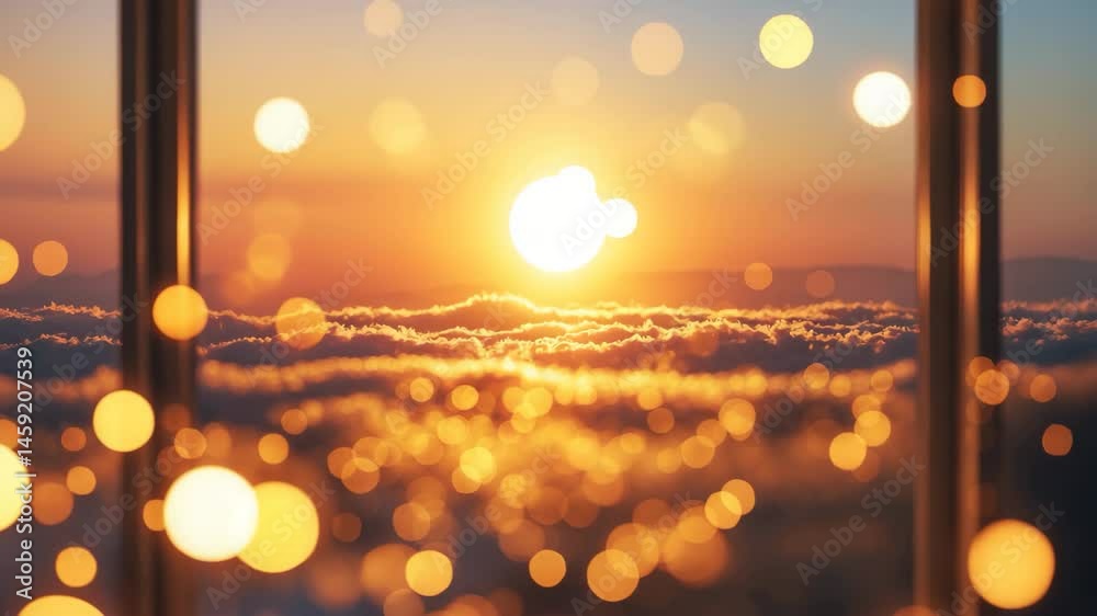Golden sunset seen through the window. Luminous bokeh. Gold abstract texture. Imaginative abstract background featuring patterns. Bokeh highlights in gold