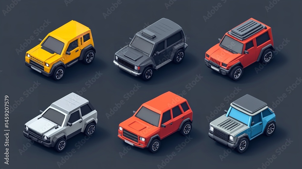 Six Vivid Low Poly SUVs Yellow Black Red Silver Orange Blue isometric sharp detailed 3D models game assets Six Vivid Low Poly SUVs Yellow Black Red Silver Orange Blue isometric sharp detailed 3D models game assets