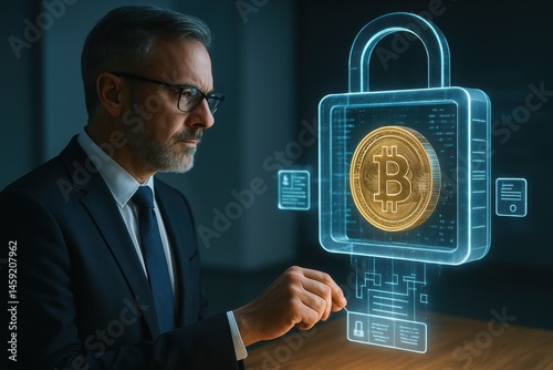 Official inspects locked Bitcoin in glowing digital vault. AI-generated