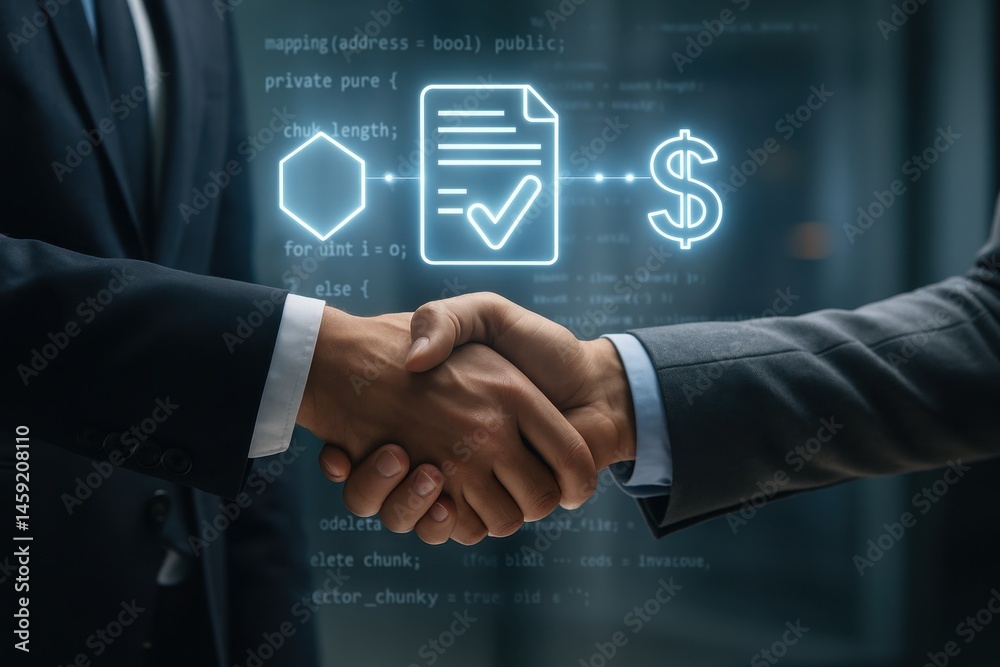 Two men seal a smart contract with handshake and floating code. AI-generated