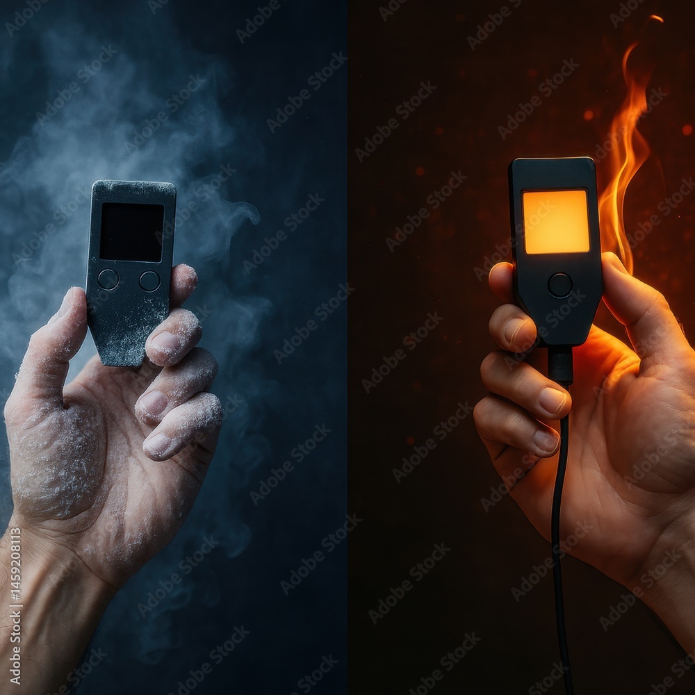 One hand holds icy wallet, the other grips fiery glowing device. AI-generated