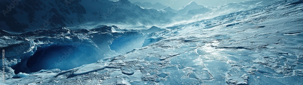 A stunning panorama showcasing a glacial landscape with icy terrain and majestic snow-covered mountains. A stunning panorama showcasing a glacial landscape with icy terrain and majestic snow-covered mountains.