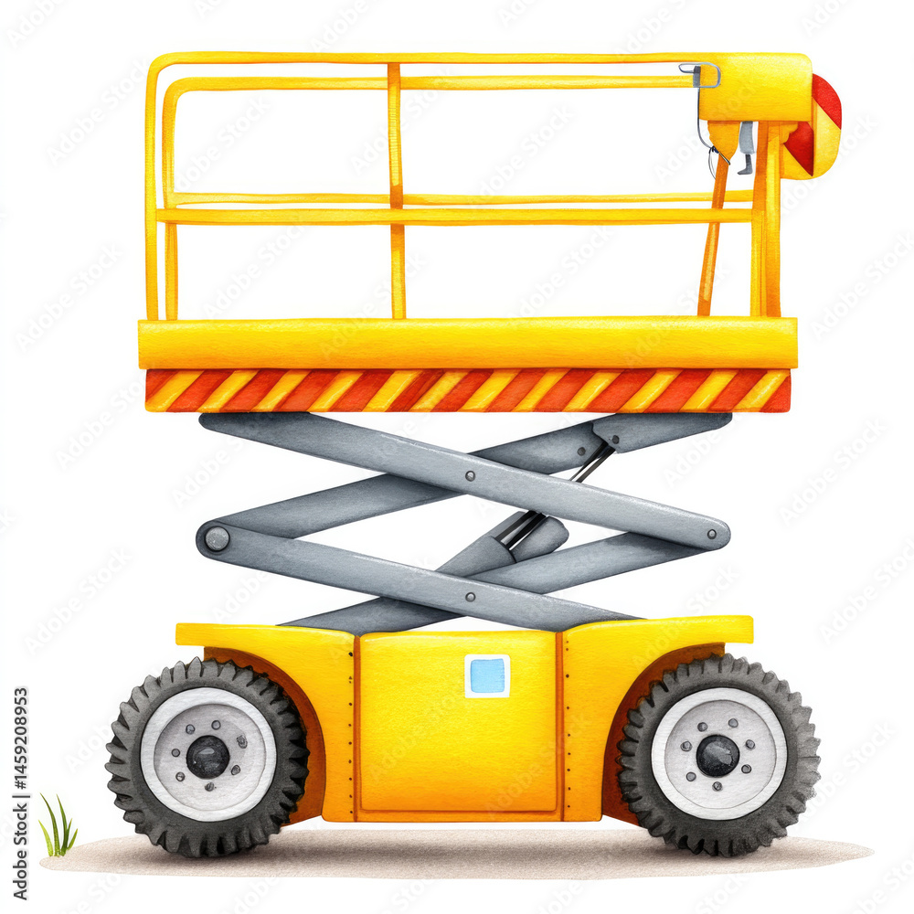 Naklejka premium Colorful watercolor illustration of a children's book construction scene featuring a bright yellow scissor lift on wheels for creative design projects
