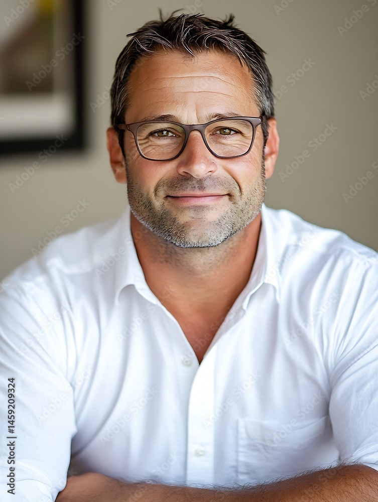 Obraz premium Portrait of a smiling man wearing glasses and a white shirt, arms crossed, conveying confidence and professionalism. : Generative AI