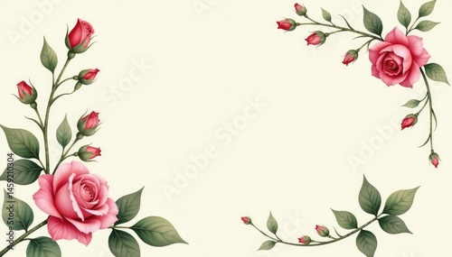 Delicate watercolor rose buds, leaves, and vines on a cream background , floral pattern, art