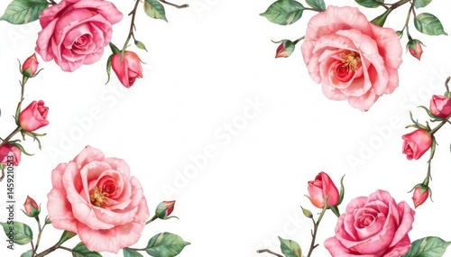 Delicate watercolor roses, leaves & buds in repeating pattern , buds, texture
