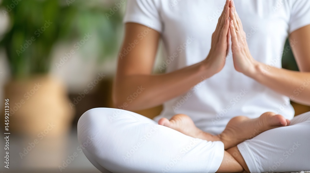 Fototapeta premium Woman meditating in lotus position, hands in prayer, wearing white clothing, peaceful serene atmosphere, indoor setting, close-up view of hands and legs. : Generative AI