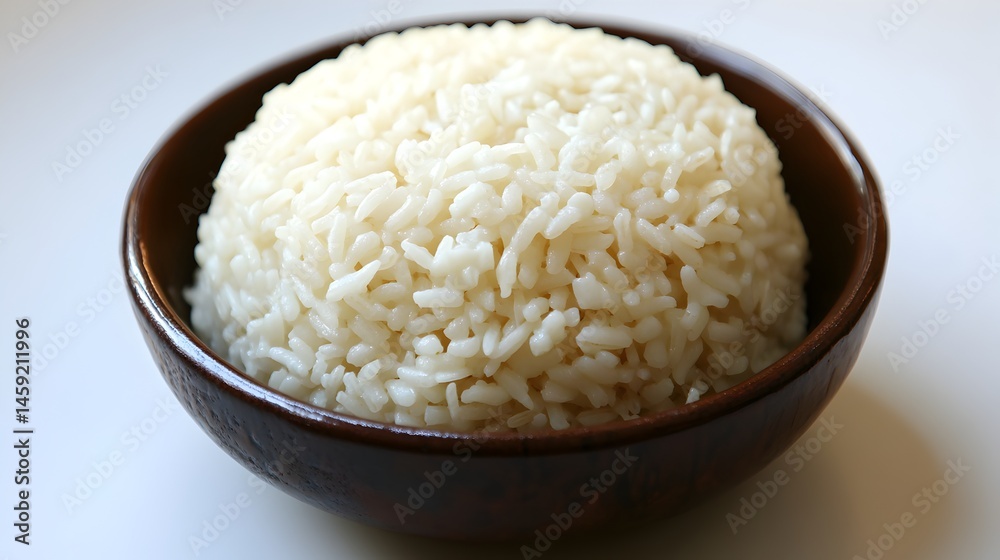 A perfectly cooked serving of fluffy white rice sits in a dark brown bowl on a plain white background. A perfectly cooked serving of fluffy white rice sits in a dark brown bowl on a plain white background.