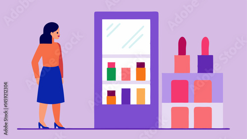 Mirror Beauty A shopper in front of a large mirror testing a lipstick shade with a nearby shelf showcasing colorful lip products labeled with sale prices.