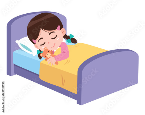 Cartoon Girl Sleeping with Teddy Bear

