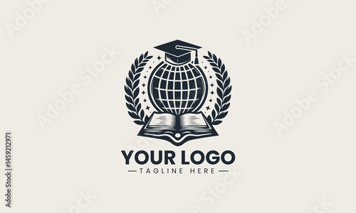 Vector logo of graduation cap on globe with laurel wreath and open book symbolizing academic knowledge