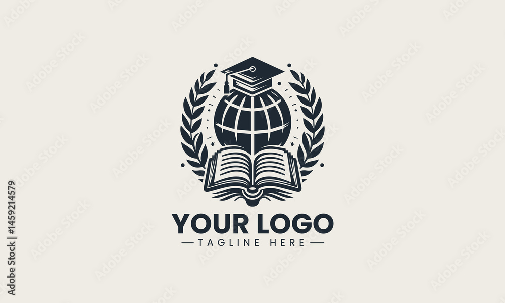 Fototapeta premium Vector logo of graduation cap on globe with laurel wreath and open book symbolizing academic knowledge