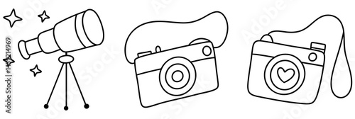 collection of artistic illustrations featuring telescope and various camera designs, showcasing creativity and exploration