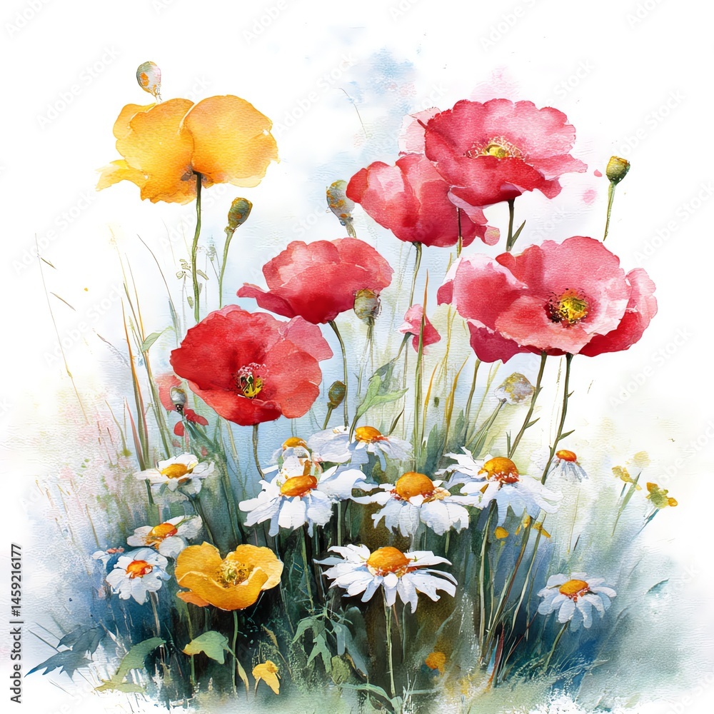Fototapeta premium A vibrant watercolor illustration of blooming flowers in various colors and shapes.