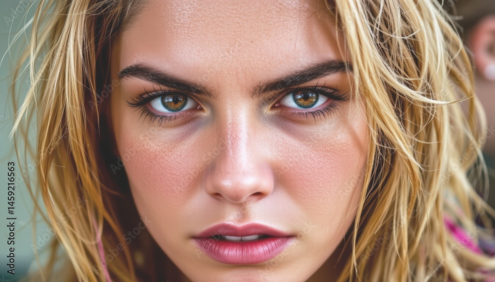 Naklejka premium Intense portrait of a woman with wet hair and striking eyes.