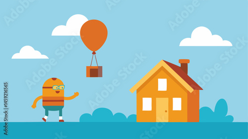 Playful Farewell An illustration capturing a charming scene where a traditional wooden house with shutters and a flower garden is being lifted by a gigantic striped balloon. The
