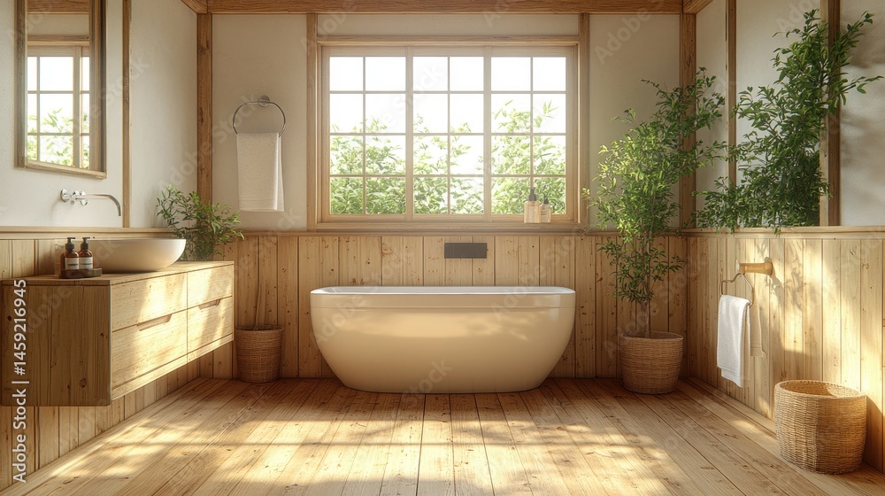 Fototapeta premium Tranquil wooden bathroom interior design with sunlight streaming through window.